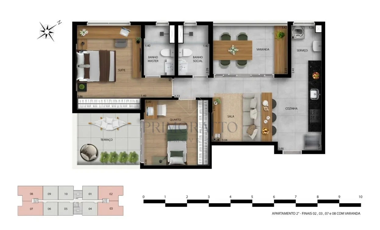 Apartamento 2º andar · finais 02, 03, 07 e 08 com varanda