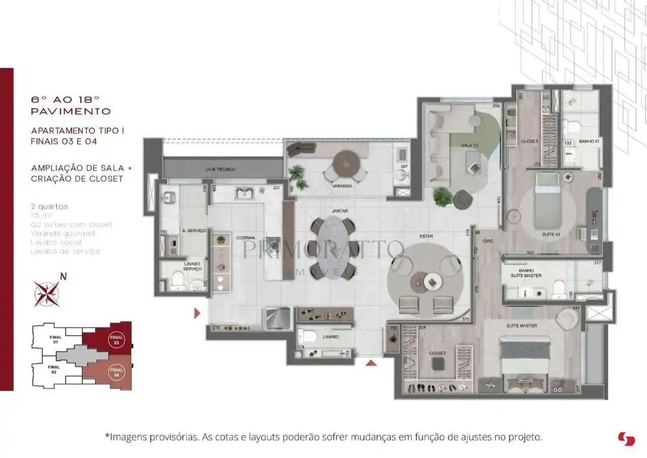 Apartamento Tipo 1 · Sala Ampliada · Finais 03 e 04