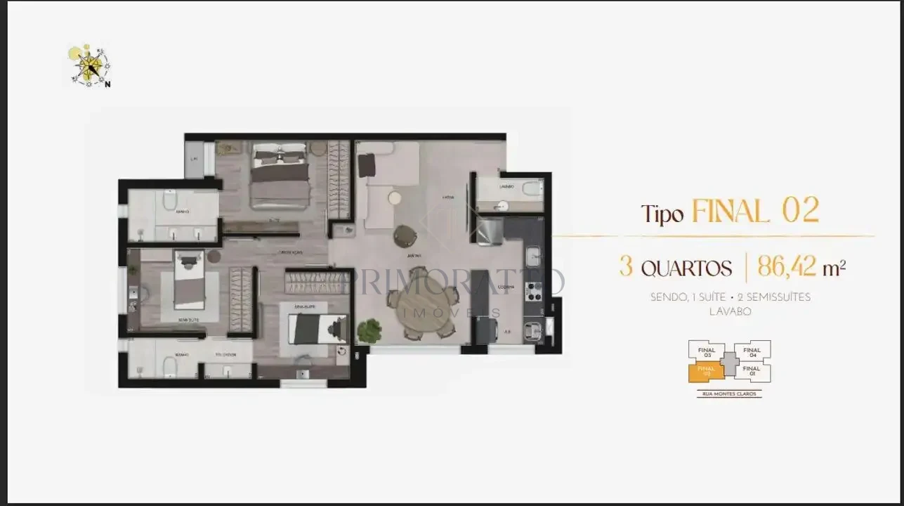 Apartamento tipo · 3 quartos · 86 m²