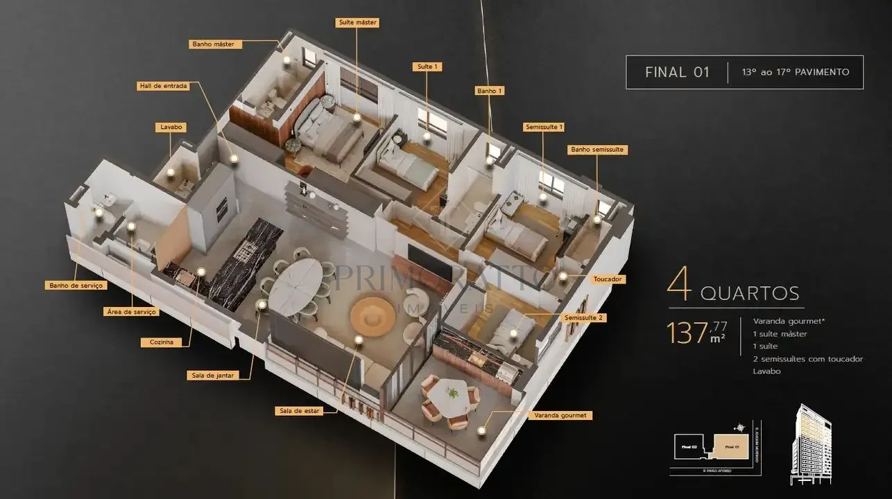 Apartamento Tipo 01 13 Ao 17 Pavimento 3d