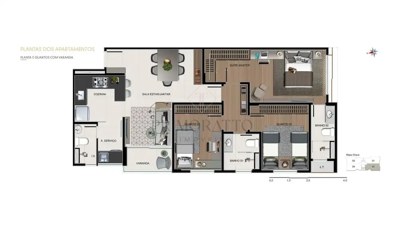 Apartamento Tipo · 3 Quartos com Varanda
